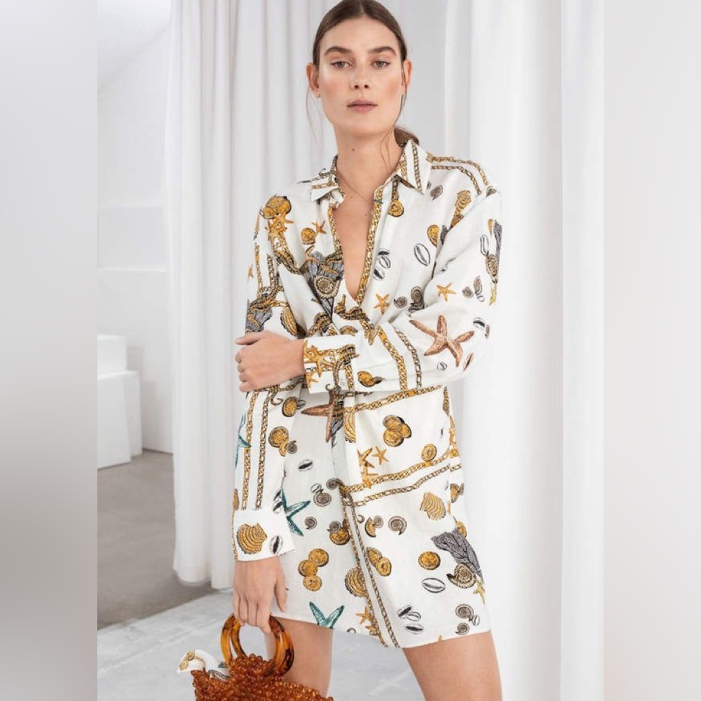 & Other Stories White Printed Mini Dress with Gold Accents